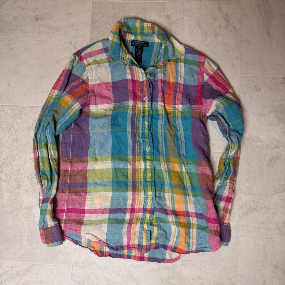 Ralph Lauren Sz S Pastel 100% Linen Blouse Shirt Top